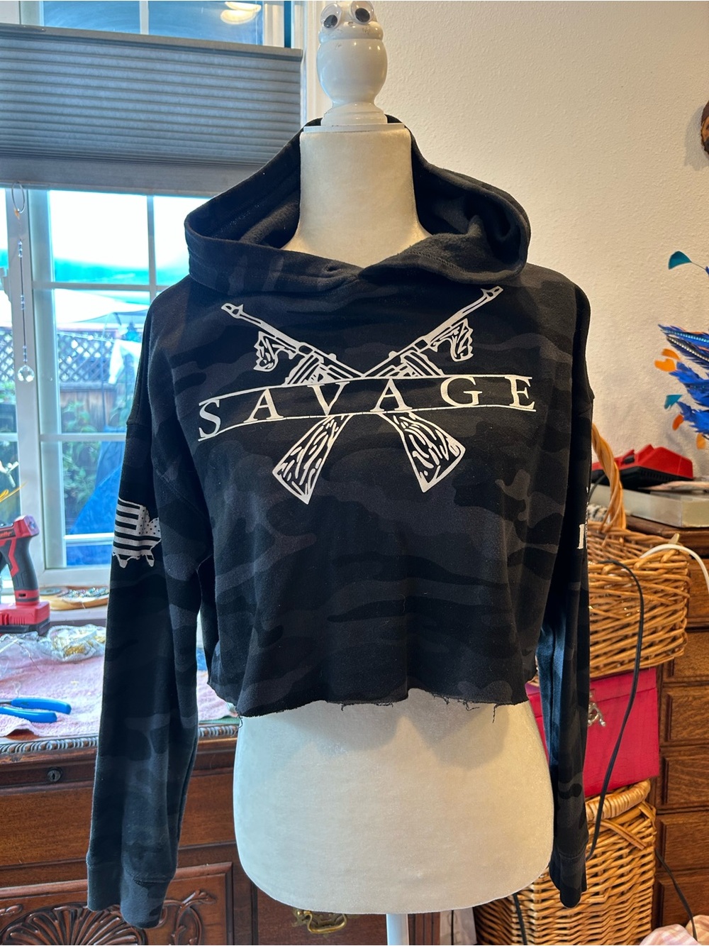 Savage Black Camouflage Cropped Hoodie Sweatshirt